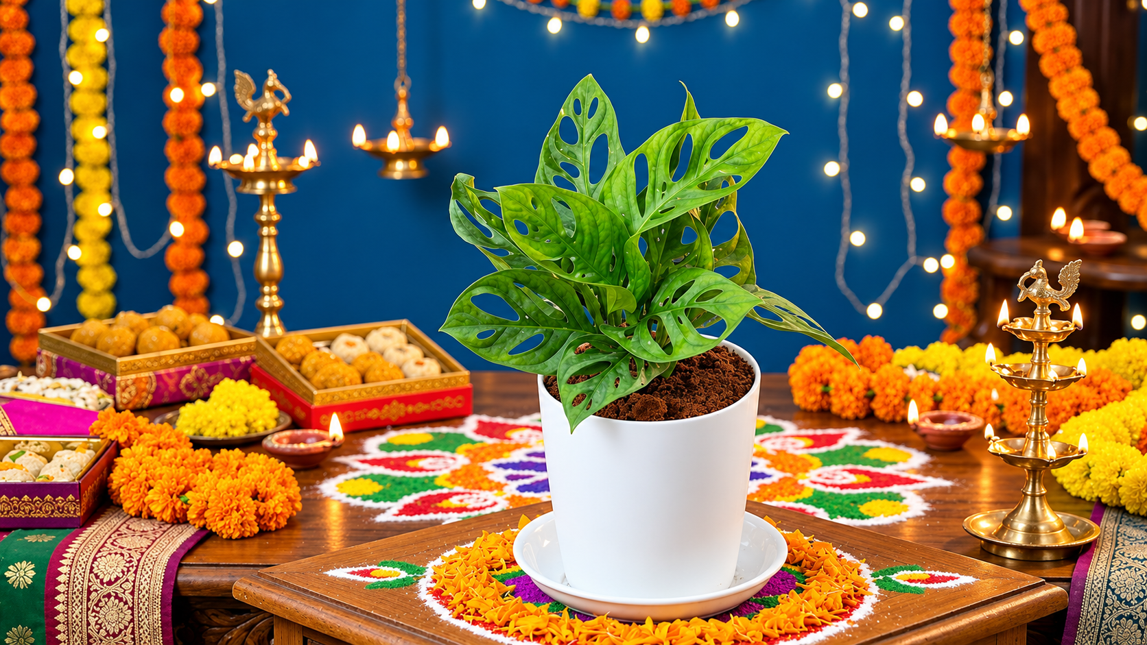 Monstera Broken Heart plant in a white pot with Diwali decor